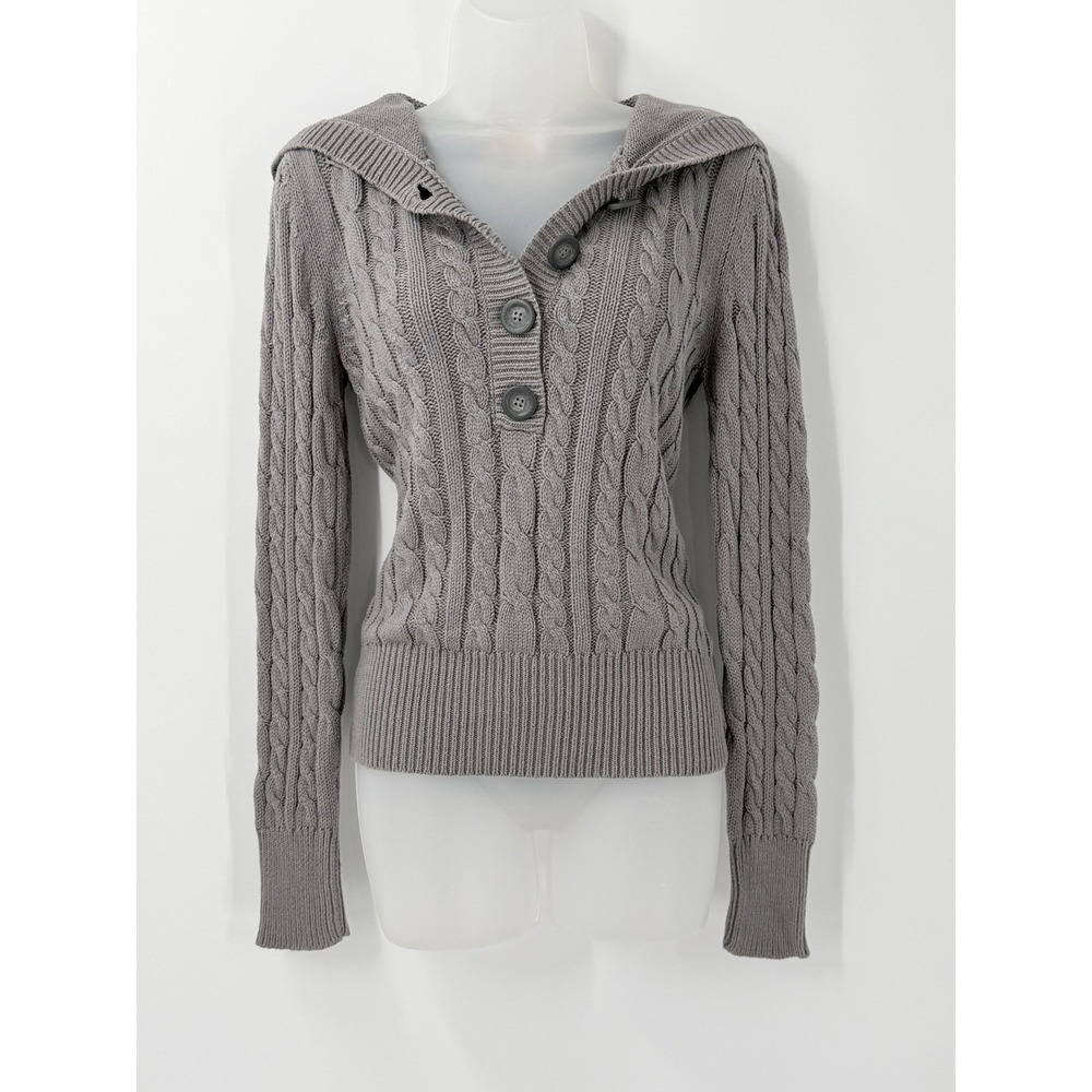 Aeropostale Cable Knit Hoodie Womens L Gray Y2K Preppy Bella Swan Sweater